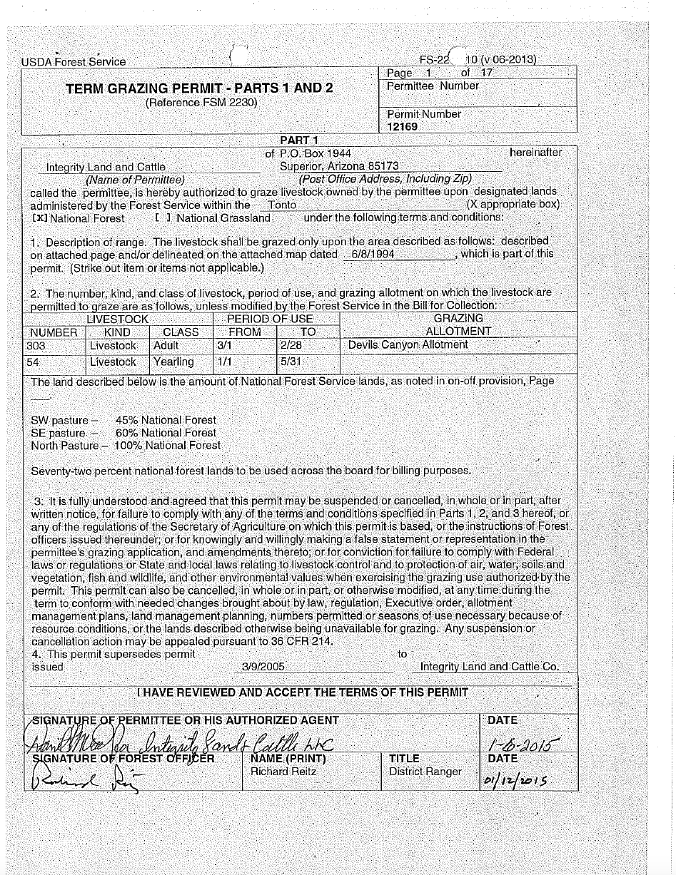 Thumbnail image of document cover: Term Grazing Permit Number 12169, Devil's Canyon Allotment, Tonto National Forest