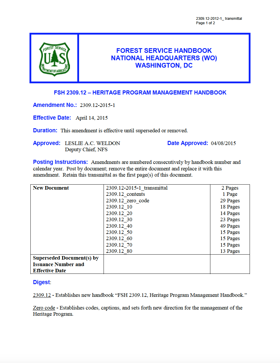 Thumbnail image of document cover: FSH 2309.12 – Heritage Program Management Handbook