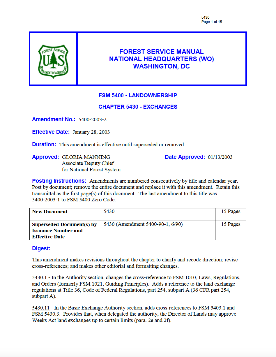 Thumbnail image of document cover: US Forest Service Manual on Land Ownership and Exchanges