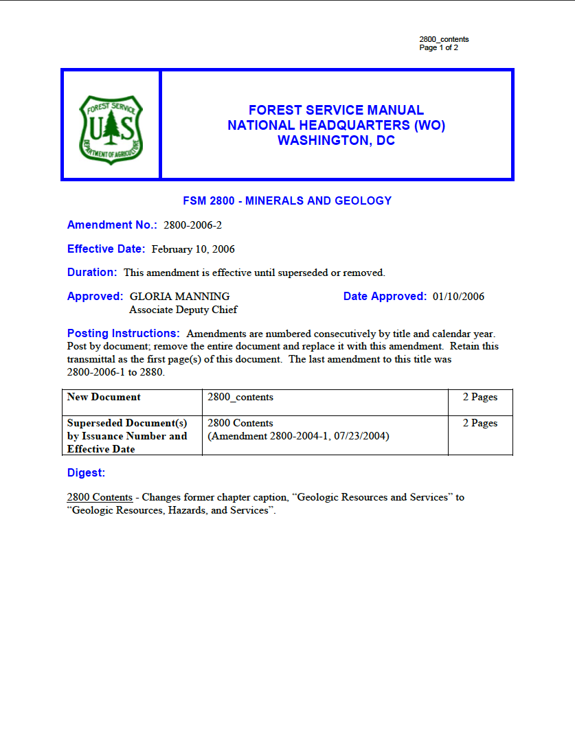 Thumbnail image of document cover: Forest Service Manual 2800 - Minerals and Geology