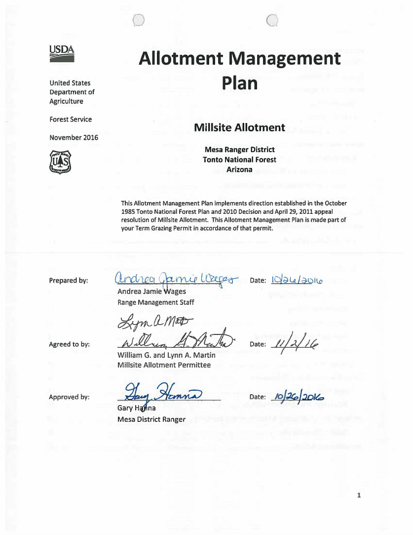 Thumbnail image of document cover: Millsite Allotment Management Plan