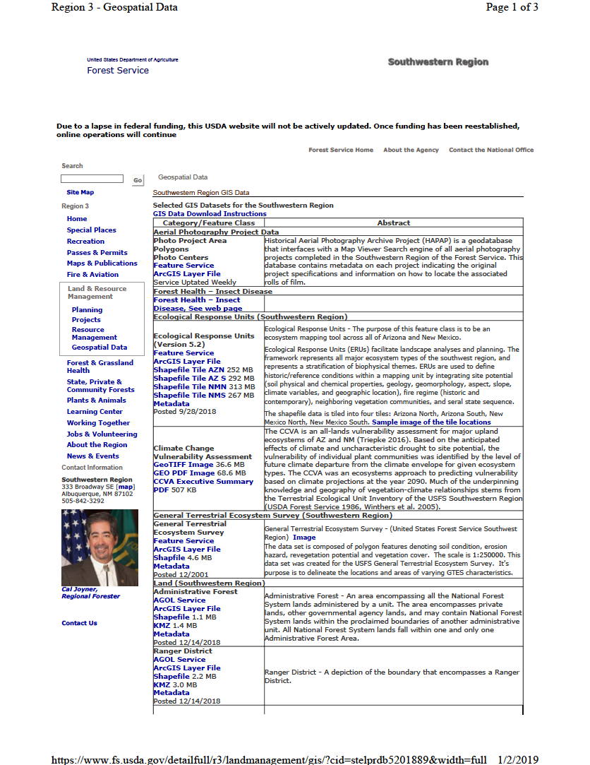 Thumbnail image of document cover: Southwestern Region GIS Data, including General Terrestrial  Ecosystem Survey