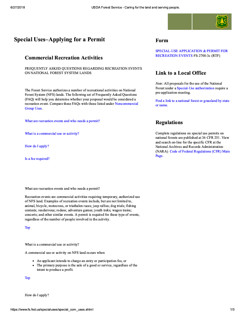 Thumbnail image of document cover: Special Uses—Applying for a Permit