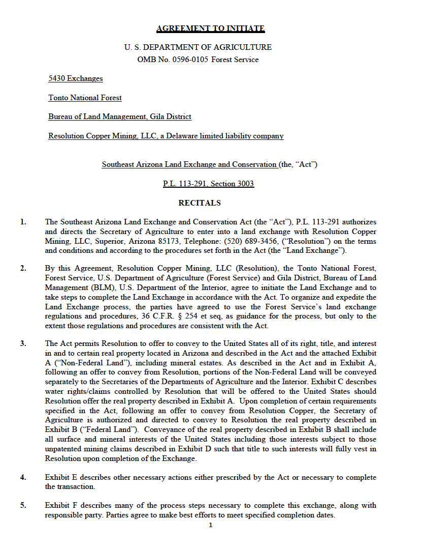 Thumbnail image of document cover: Agreement to Initiate Land Exchange – December 2017