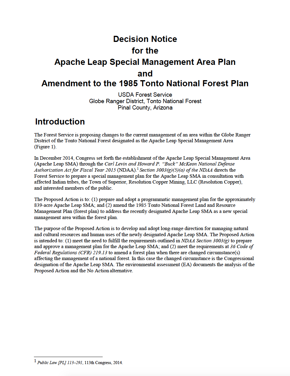 Thumbnail image of document cover: Decision Notice for the Apache Leap Special Management Area Plan and Amendment to the 1985 Tonto National Forest Plan