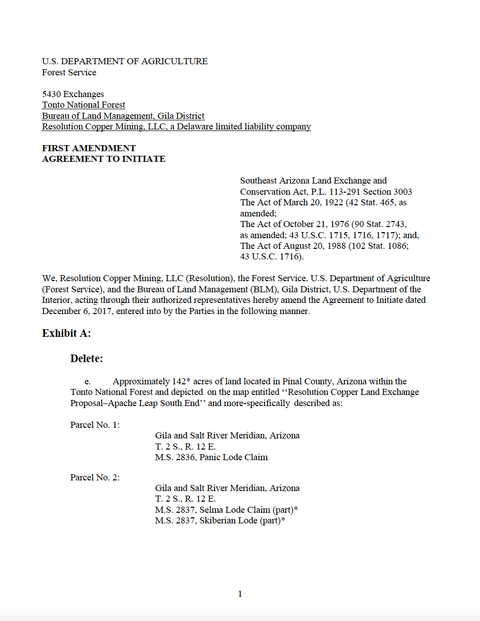 Thumbnail image of document cover: First Amendment - Agreement to Initiate Land Exchange