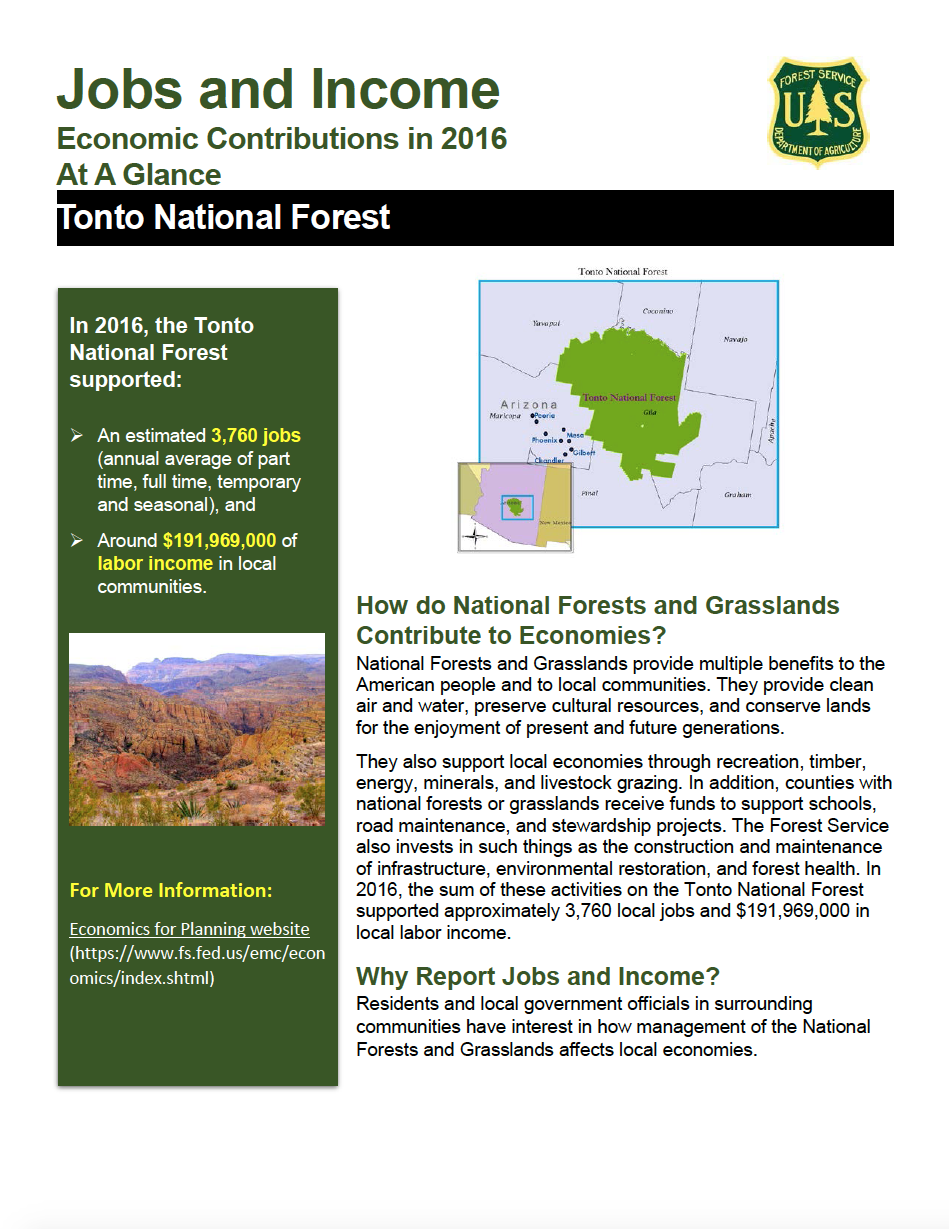 Thumbnail image of document cover: Jobs and Income: Economic Contributions in 2016 at a Glance - Tonto National Forest