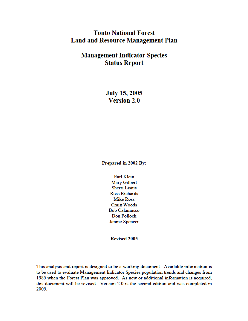 Thumbnail image of document cover: Tonto National Forest Land and Resource Management Plan: Management Indicator Species Status Report