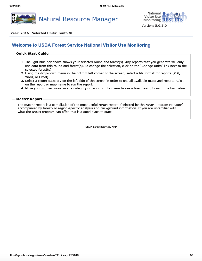 Thumbnail image of document cover: National Visitor Use Monitoring Program - Tonto National Forest FY 2016