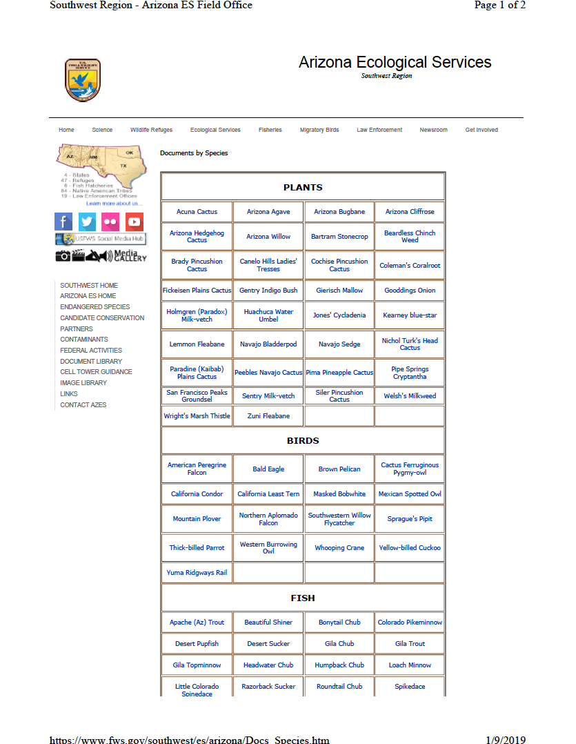 Thumbnail image of document cover: Arizona Ecological Services, Southwest Region: Documents by Species