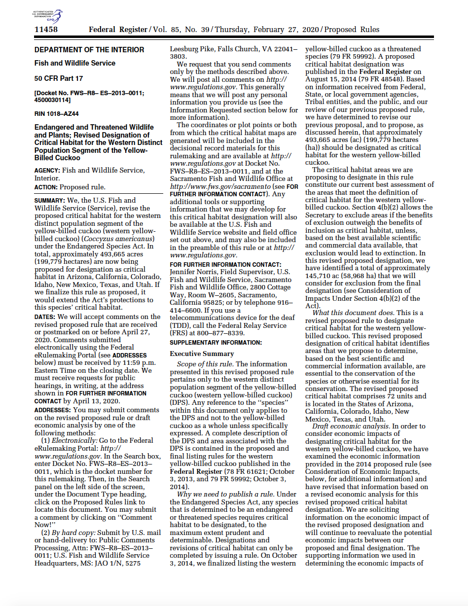 Thumbnail image of document cover: Endangered and Threatened Wildlife and Plants; Revised Designation of Critical Habitat for the Western Distinct Population Segment of the Yellow-billed Cuckoo