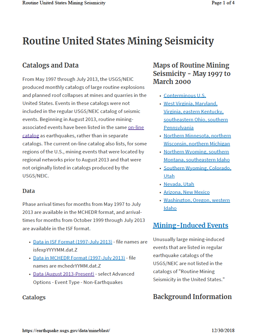 Thumbnail image of document cover: Routine United States Mining Seismicity