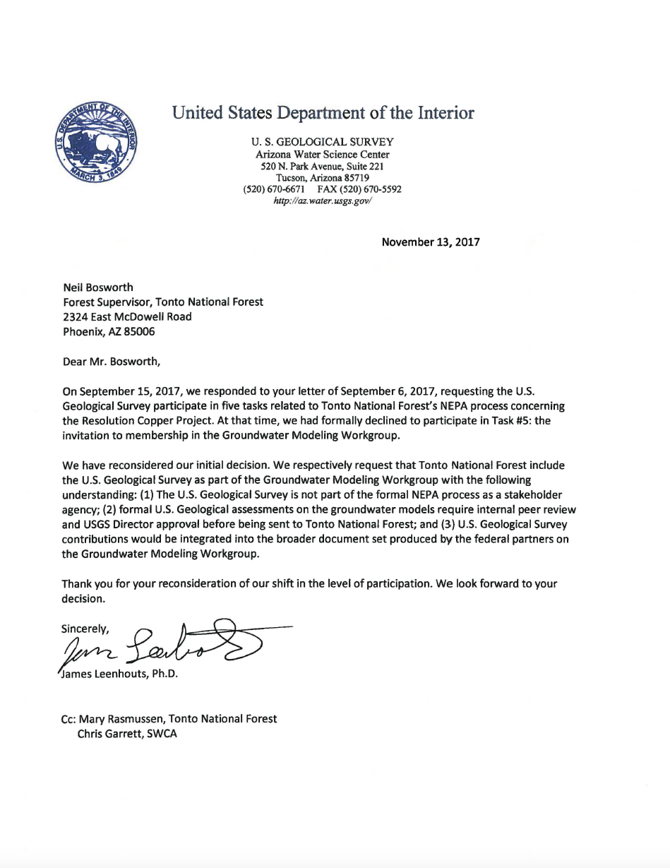 Thumbnail image of document cover: Request Tonto National Forest include the U.S. Geological Survey as part of the Groundwater Modeling Workgroup