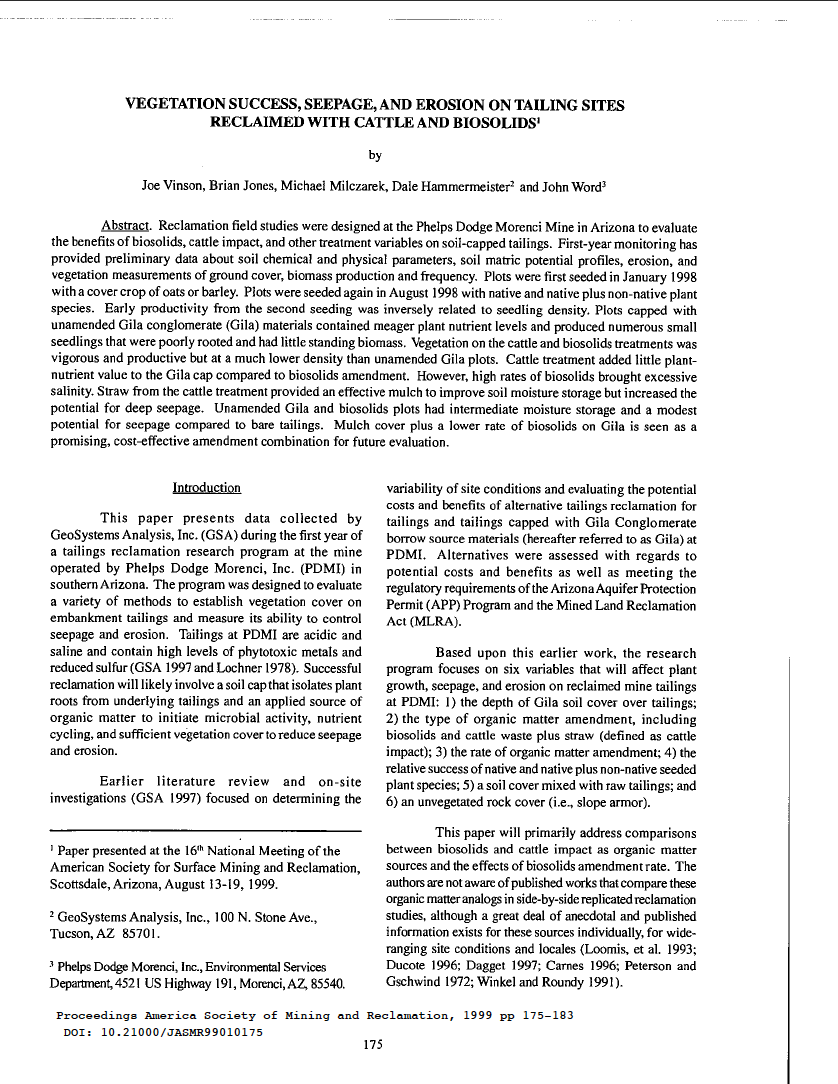 Thumbnail image of document cover: Vegetation Success, Seepage, and Erosion on Tailings Sites Reclaimed with Cattle and Biosolids