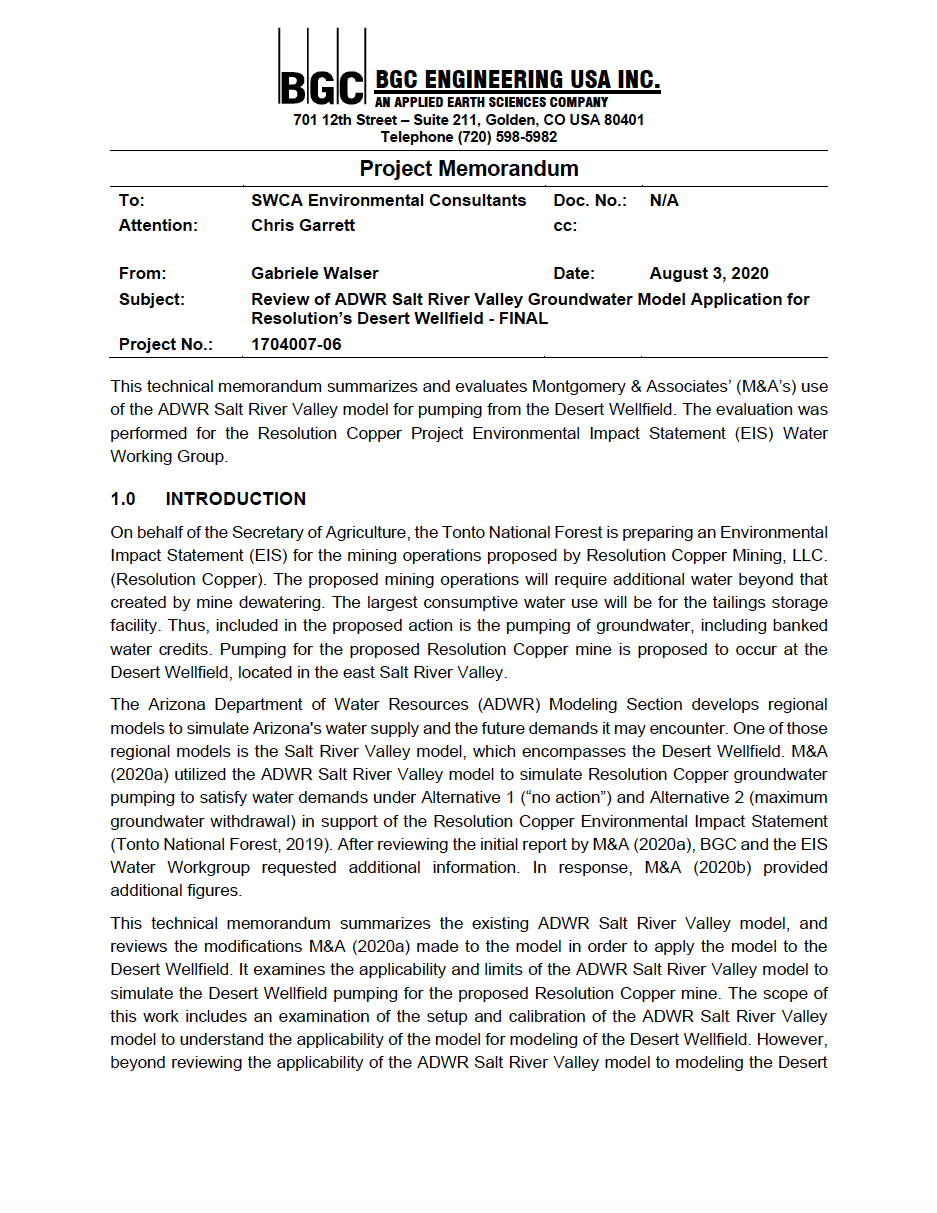 Thumbnail image of document cover: Review of ADWR Salt River Valley Groundwater Model Application for Resolution's Desert Wellfield - Final