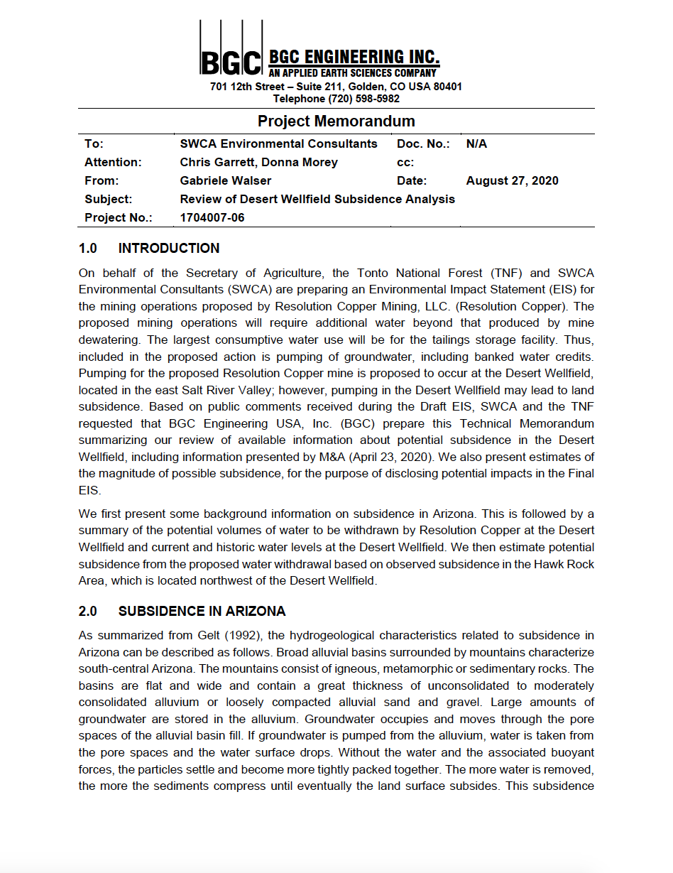 Thumbnail image of document cover: Review of Desert Wellfield Subsidence Analysis