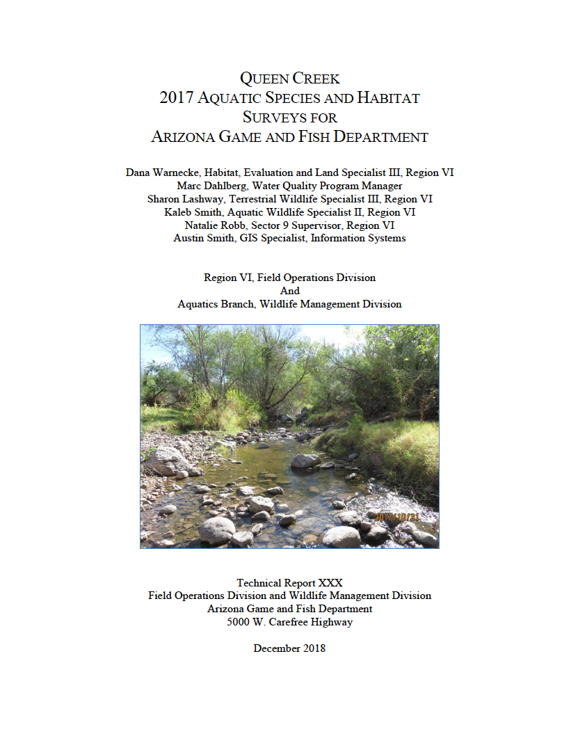 Thumbnail image of document cover: Queen Creek 2017 Aquatic Species and Habitat Surveys for Arizona Game and Fish Department - DRAFT