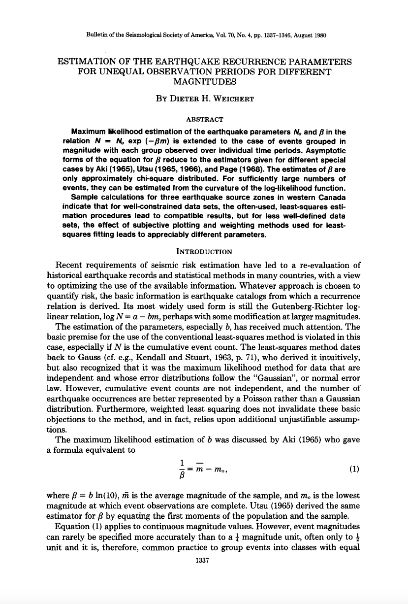 Thumbnail image of document cover: Estimation of the Earthquake Recurrence Parameters for Unequal Observation Periods for Different Magnitudes