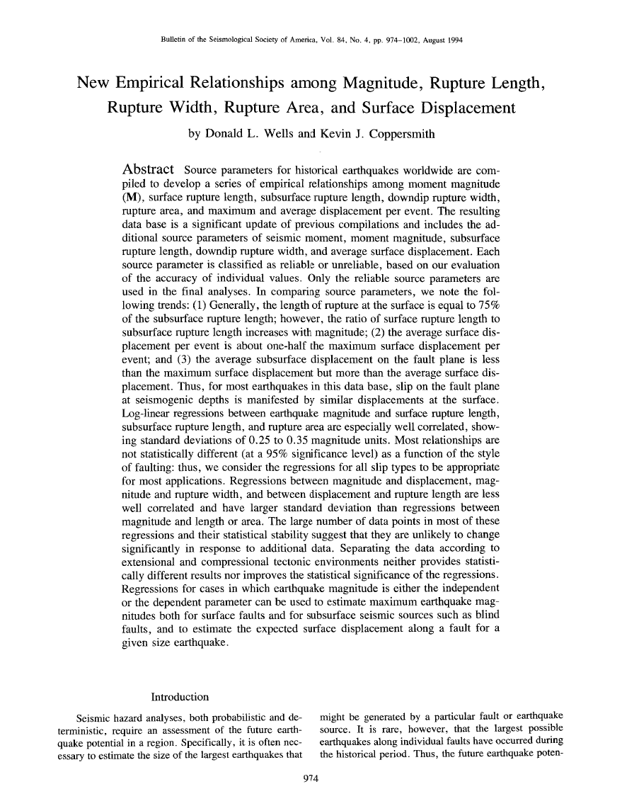 Thumbnail image of document cover: New Empirical Relationships among Magnitude, Rupture Length, Rupture Width, Rupture Area, and Surface Displacement