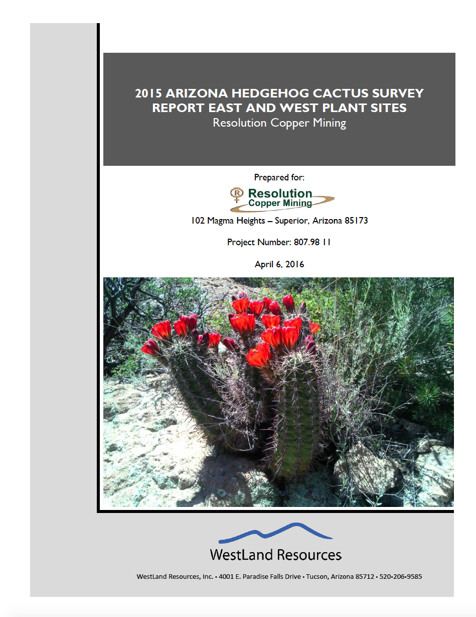 Thumbnail image of document cover: 2015 Arizona Hedgehog Cactus Survey Report East and West Plant Sites