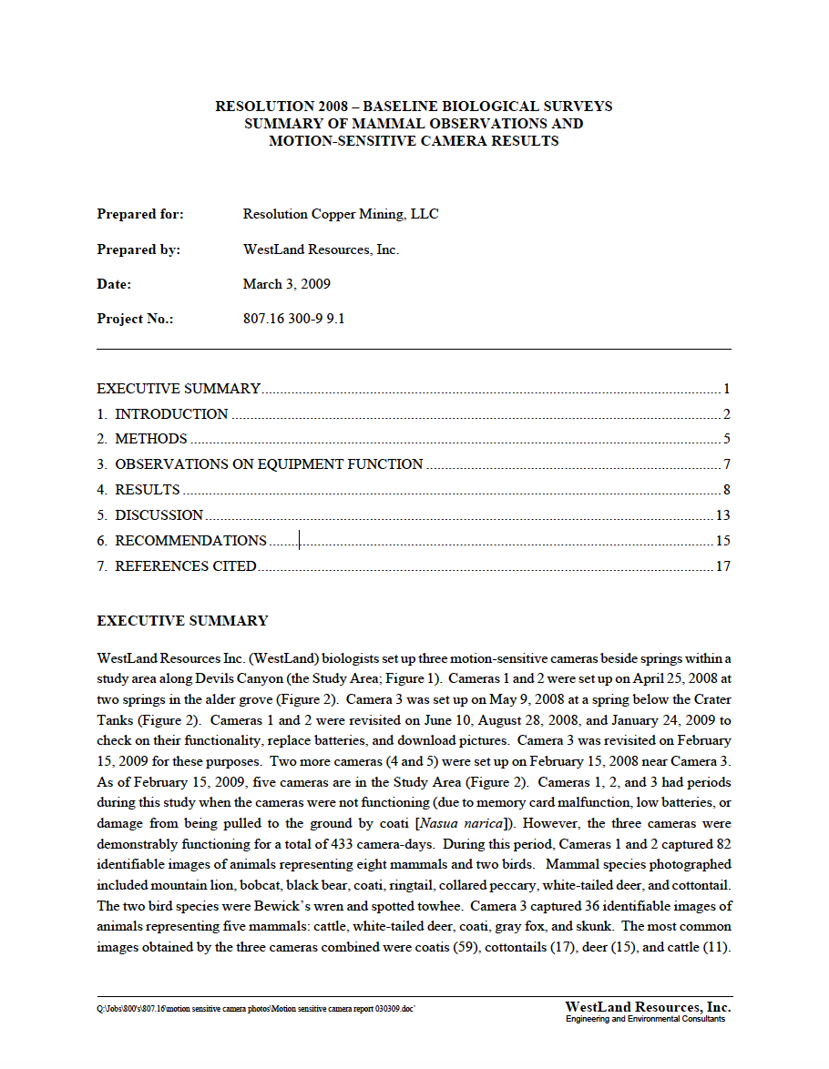 Thumbnail image of document cover: Resolution 2008 - Baseline Biological Surveys Summary of Mammal Observations and Motion-Sensitive Camera Results