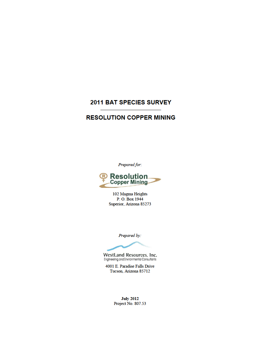 Thumbnail image of document cover: 2011 Bat Species Survey: Resolution Copper Mining