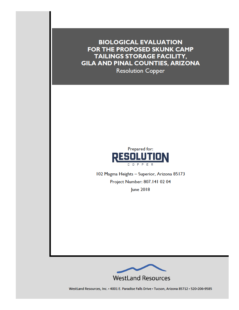 Thumbnail image of document cover: Biological Evaluation for the Proposed Skunk Camp Tailings Facility Storage Facility