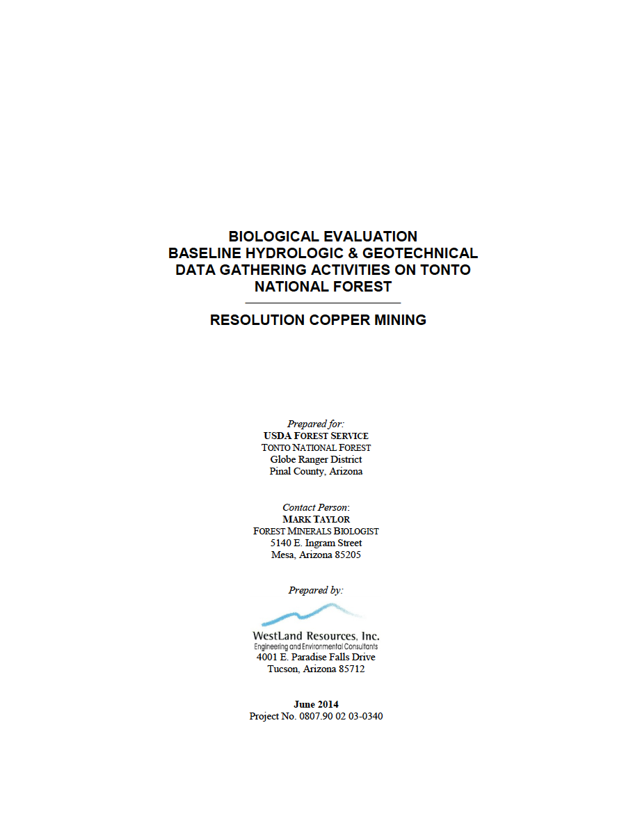 Thumbnail image of document cover: Biological Evaluation, Baseline Hydrologic & Geotechnical Data Gathering Activities on Tonto National Forest