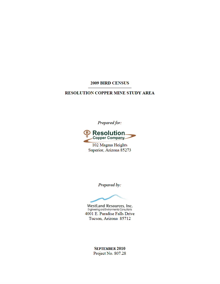 Thumbnail image of document cover: 2009 Bird Census: Resolution Copper Mine Study Area