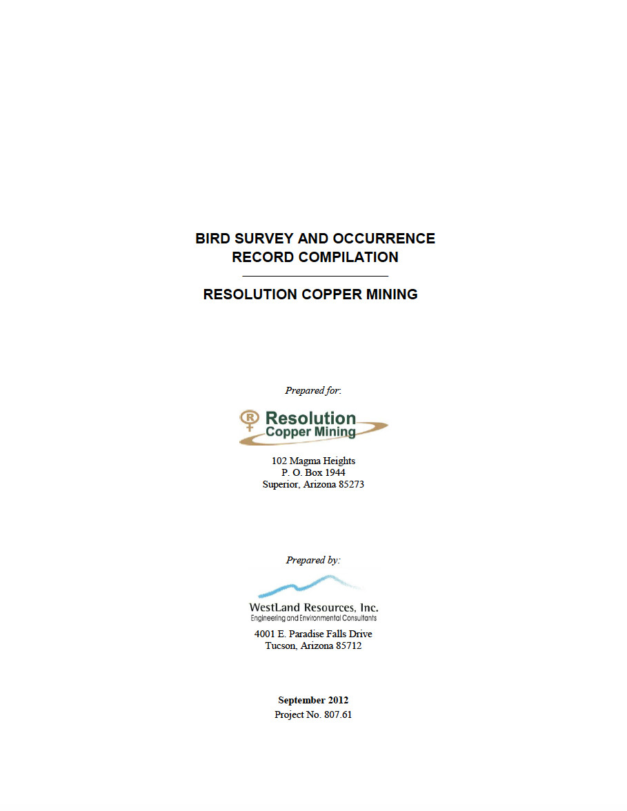 Thumbnail image of document cover: Bird Survey and Occurrence Record Compilation: Resolution Copper Mining