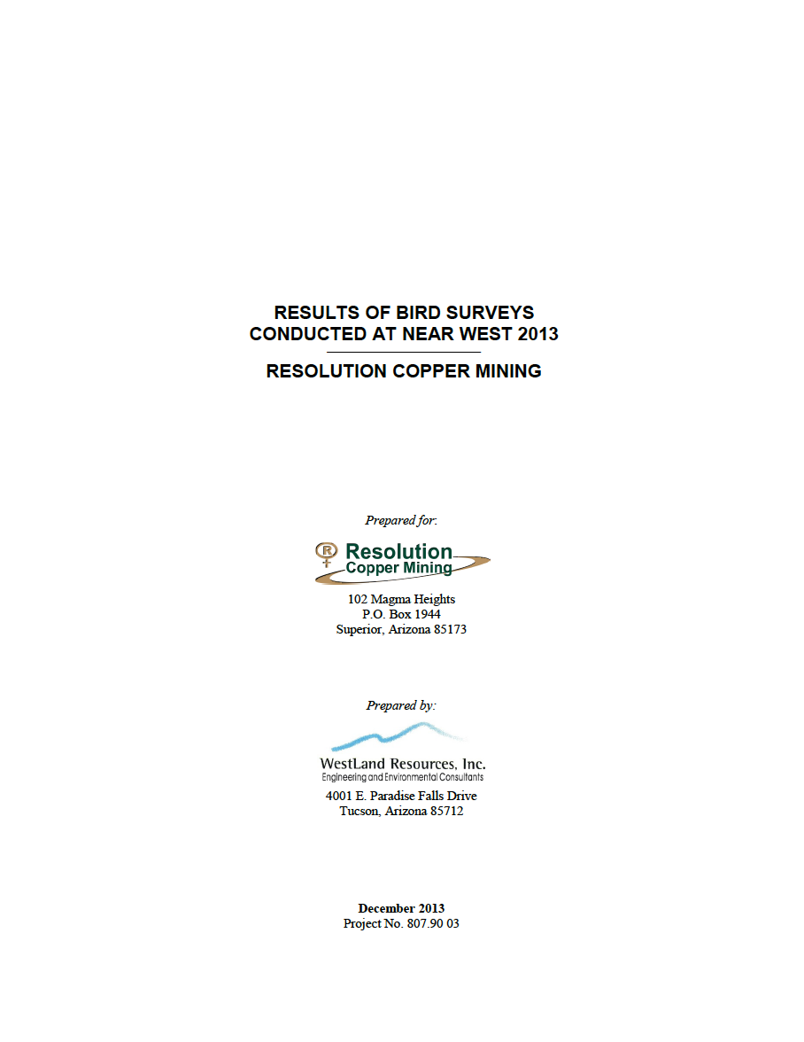 Thumbnail image of document cover: Results of Bird Surveys Conducted at Near West 2013: Resolution Copper Mining