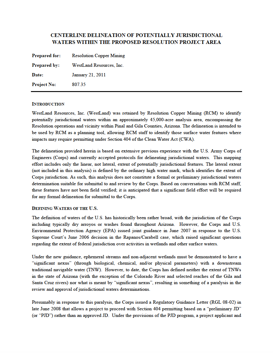 Thumbnail image of document cover: Centerline Delineation of Potentially Jurisdictional Waters Within the Proposed Resolution Project Area