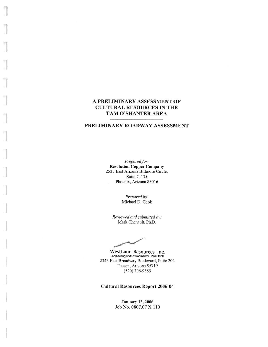 Thumbnail image of document cover: A Preliminary Assessment of Cultural Resources in the Tam O'Shanter Area Preliminary Roadway Assessment