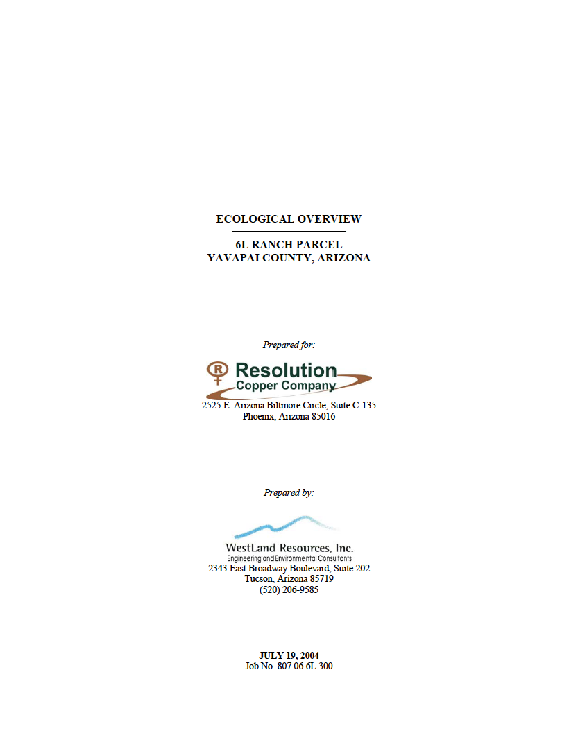 Thumbnail image of document cover: Ecological Overview: 6L Ranch Parcel, Yavapai County, Arizona