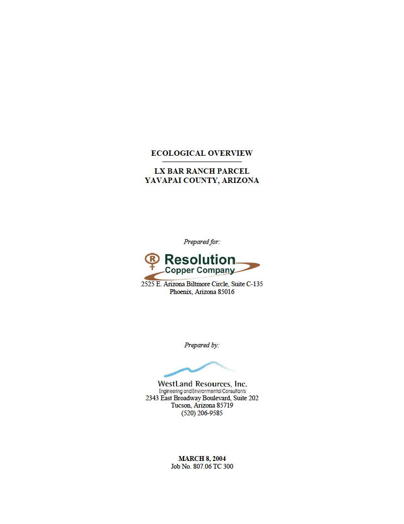 Thumbnail image of document cover: Ecological Overview: LX Bar Ranch Parcel, Yavapai County Arizona