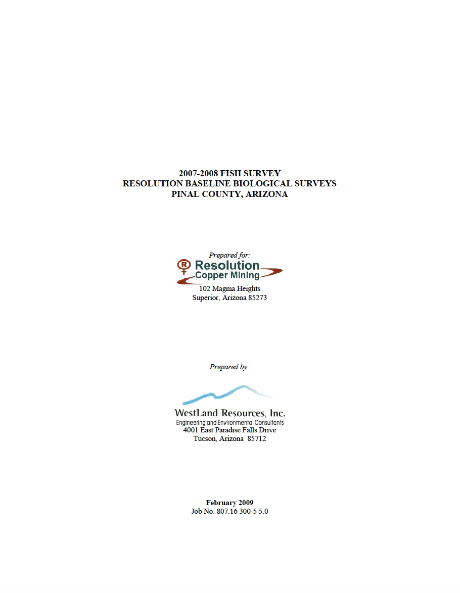 Thumbnail image of document cover: 2007-2008 Fish Survey Resolution Baseline Biological Surveys, Pinal County, Arizona