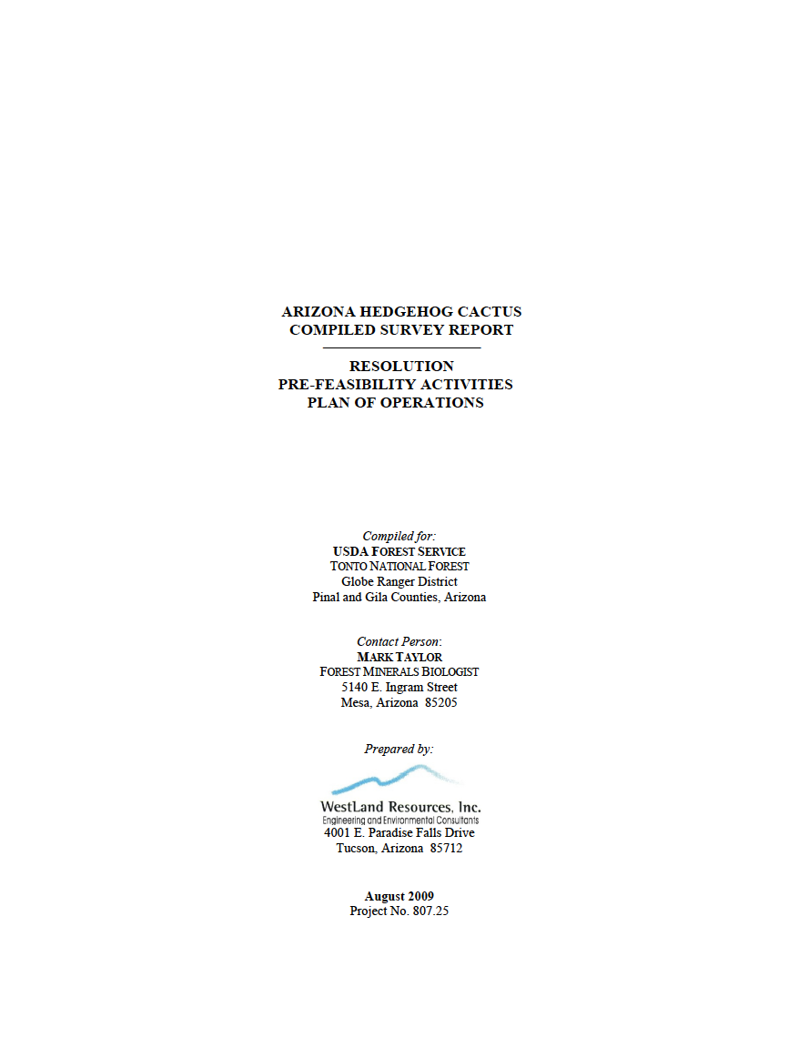 Thumbnail image of document cover: Arizona Hedgehog Cactus Compiled Survey Report: Resolution Pre-Feasibility Activities Plan of Operations