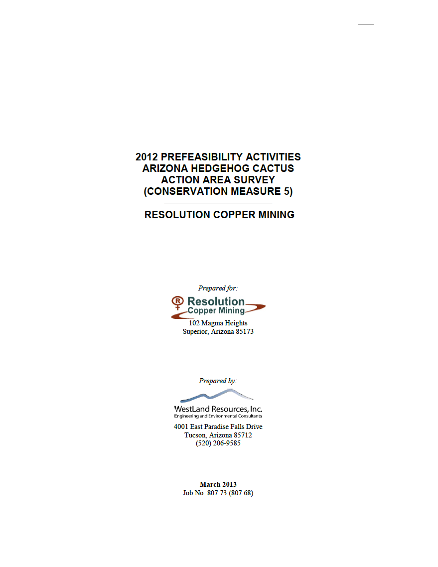 Thumbnail image of document cover: 2012 Prefeasibility Activities Arizona Hedgehog Cactus Action Area Survey (Conservation Measure 5), Resolution Copper Mining