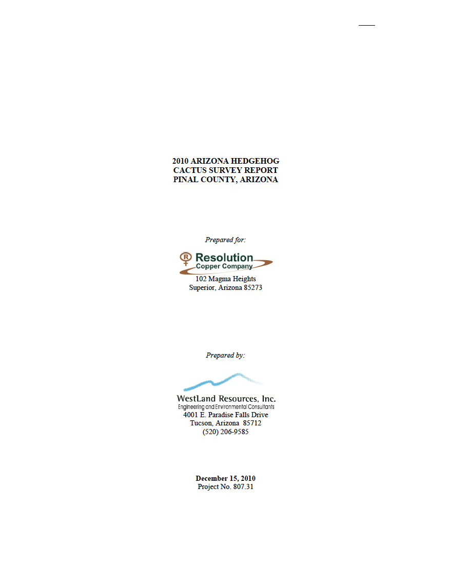 Thumbnail image of document cover: 2010 Arizona Hedgehog Cactus Survey Report, Pinal County, Arizona