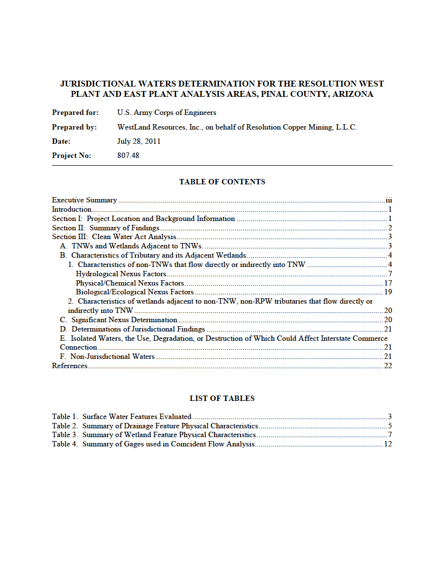 Thumbnail image of document cover: Jurisdictional Waters Determination for the Resolution West Plant and East Plant Analysis Areas, Pinal County, Arizona