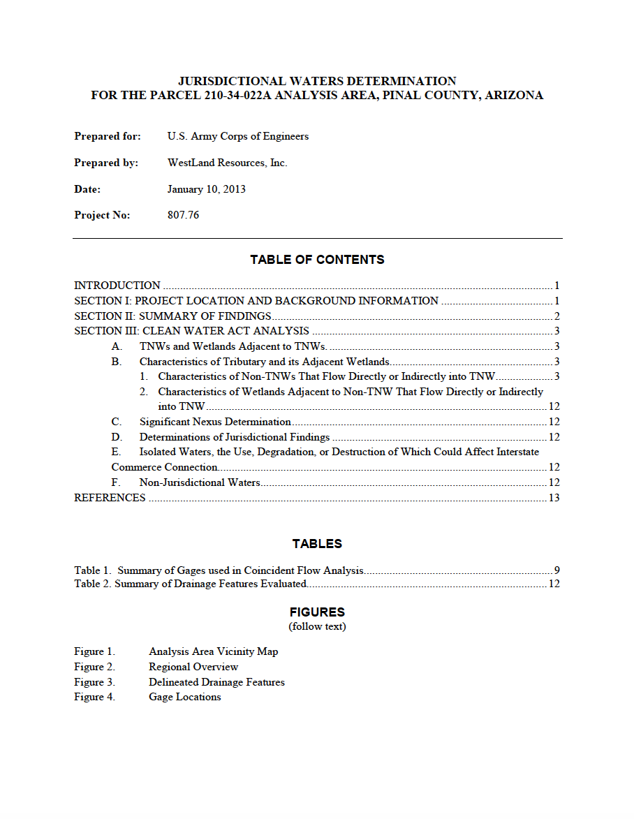 Thumbnail image of document cover: Jurisdictional Waters Determination for the Parcel 210-34-022A Analysis Area, Pinal County, Arizona