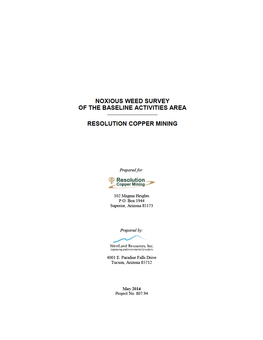 Thumbnail image of document cover: Noxious Weed Survey of the Baseline Activities Area: Resolution Copper Mining