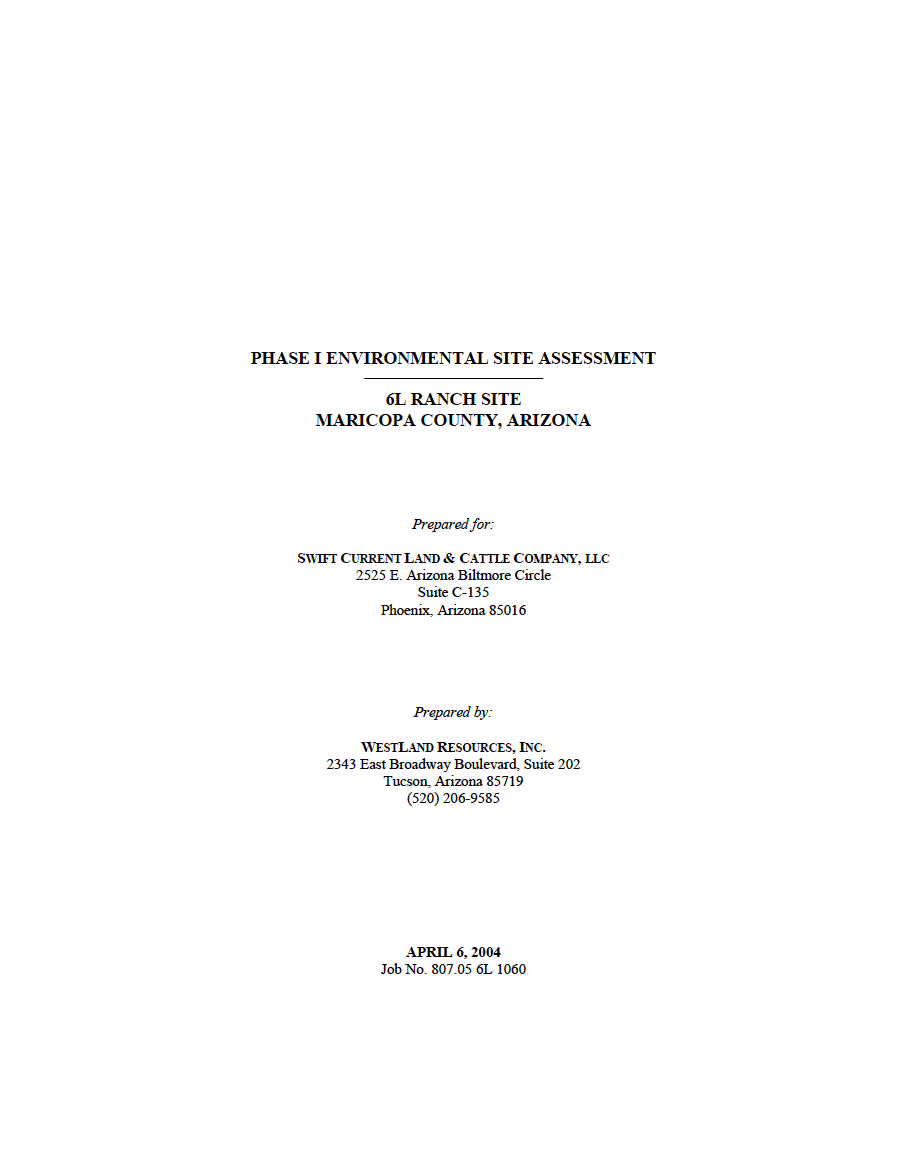 Thumbnail image of document cover: Phase I Environmental Site Assessment 6L Ranch Site, Maricopa County, Arizona