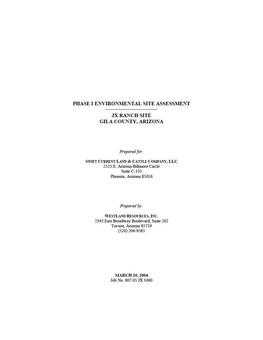 Thumbnail image of document cover: Phase I Environmental Site Assessment JX Ranch Site, Gila County, Arizona