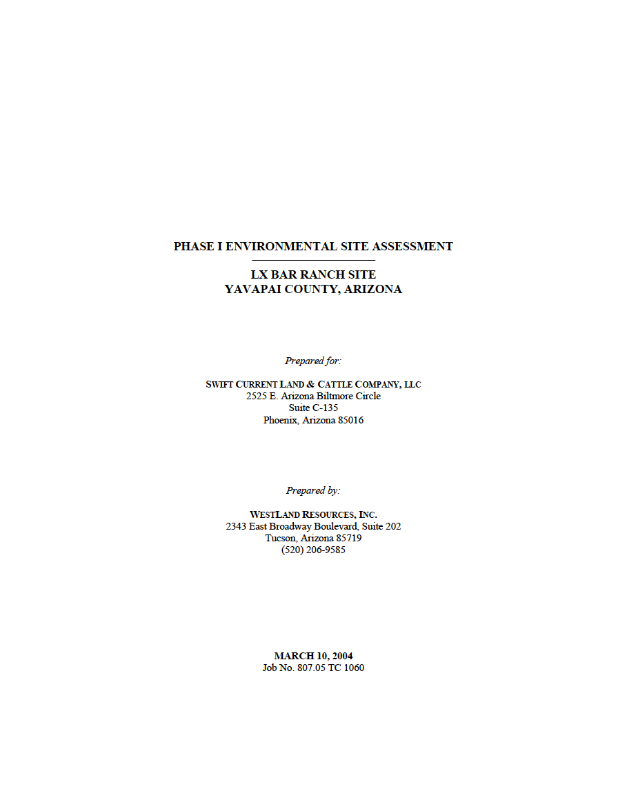 Thumbnail image of document cover: Phase I Environmental Site Assessment LX Ranch Site, Yavapai County, Arizona