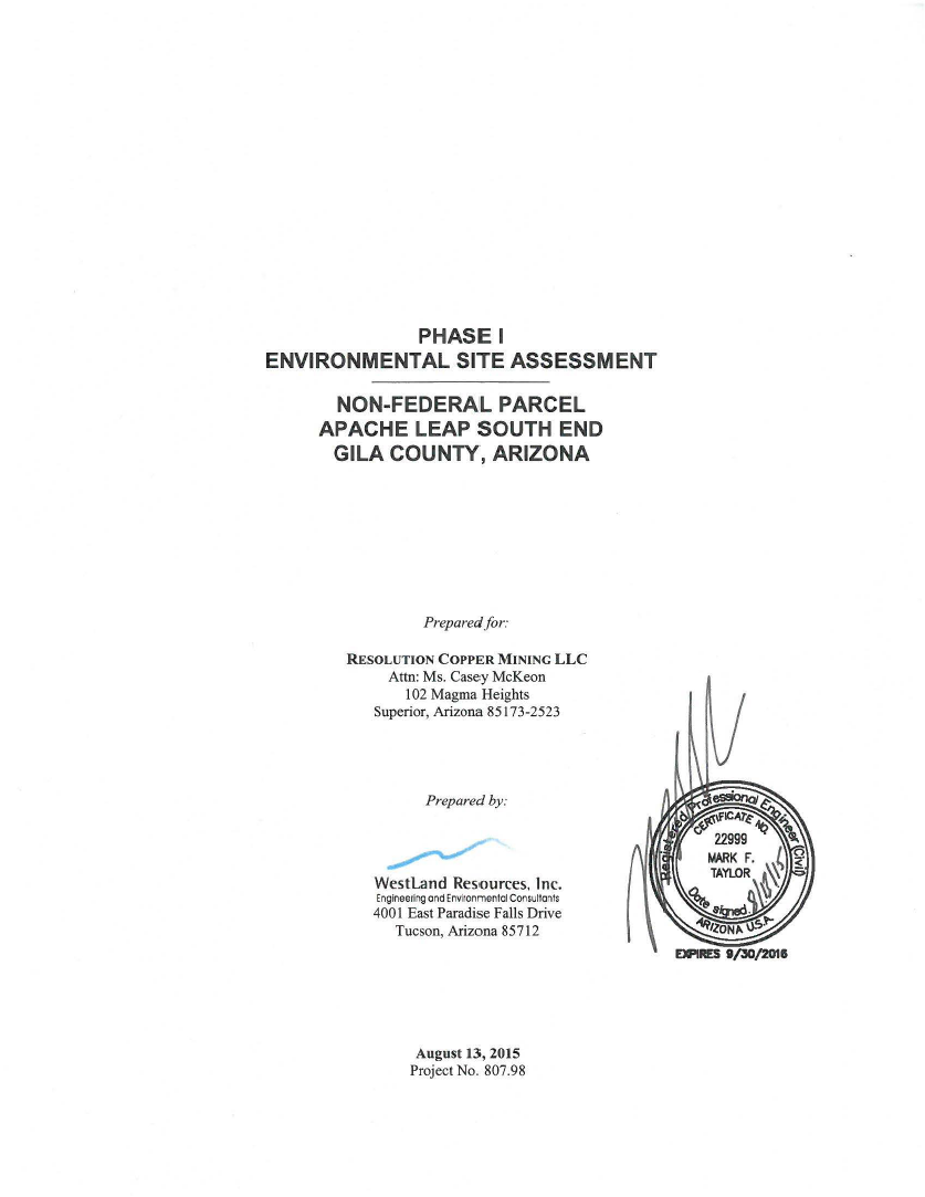 Thumbnail image of document cover: Phase I Environmental Site Assessment Apache Leap South End