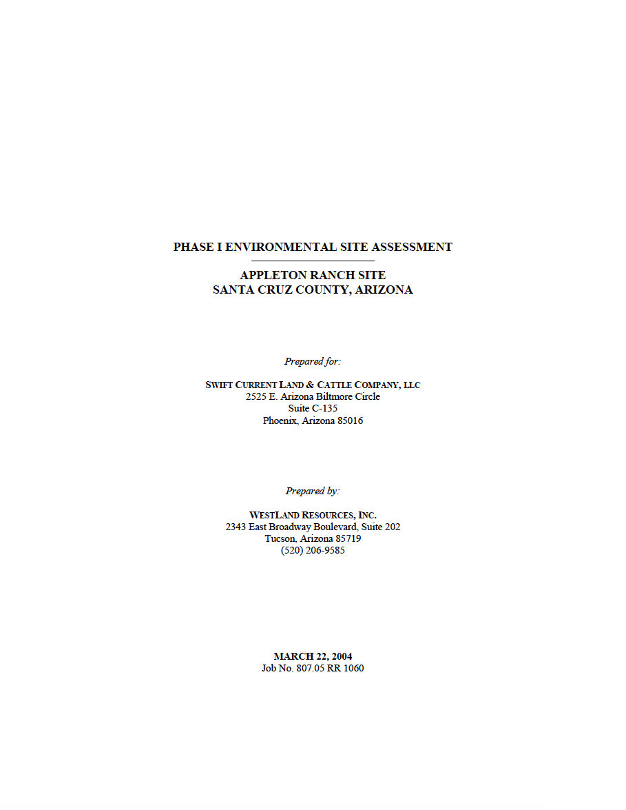 Thumbnail image of document cover: Phase I Environmental Site Assessment Appleton Ranch, Site Santa Cruz County, Arizona