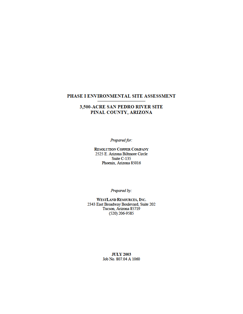 Thumbnail image of document cover: Phase I Environmental Site Assessment 3,500-Acre San Pedro River Site Pinal County, Arizona