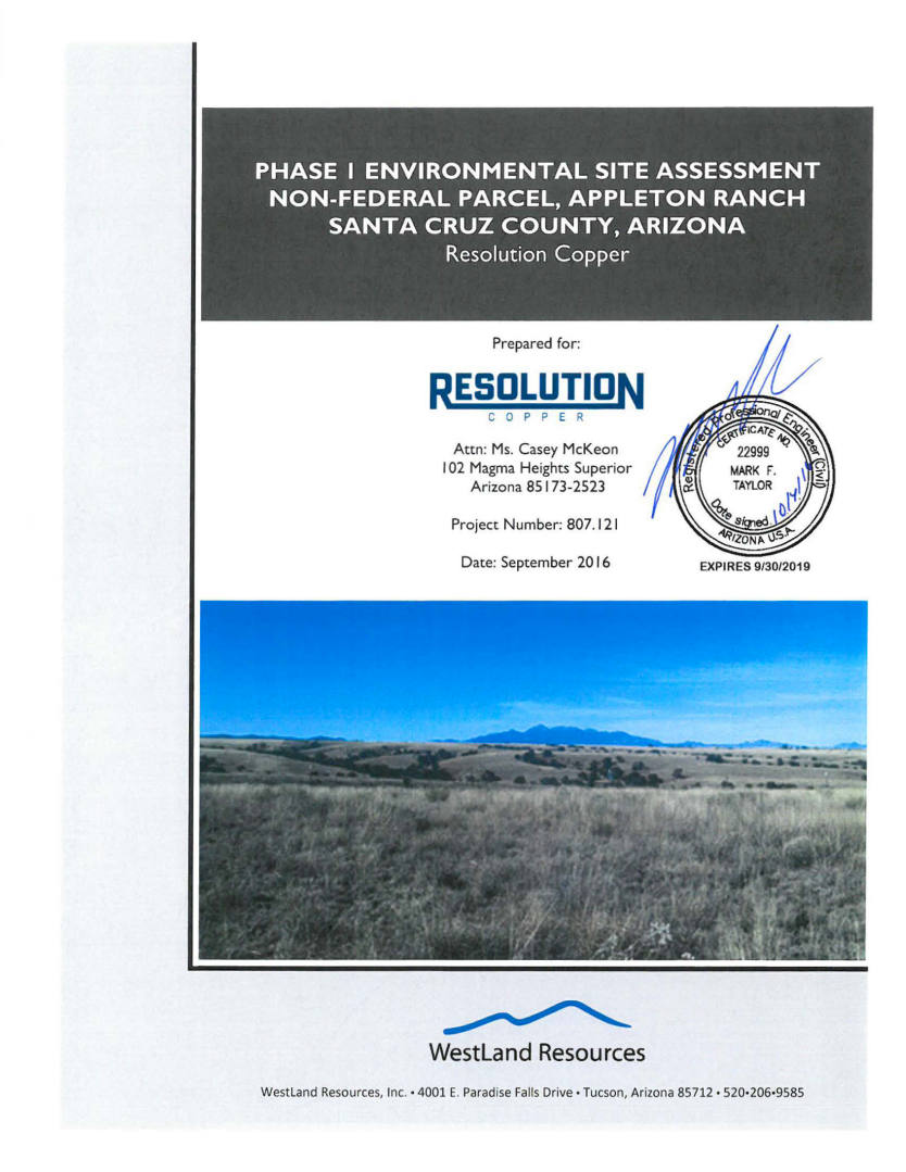 Thumbnail image of document cover: Phase I Environmental Site Assessment Non-Federal Parcel, Appleton Ranch, Santa Cruz County, Arizona