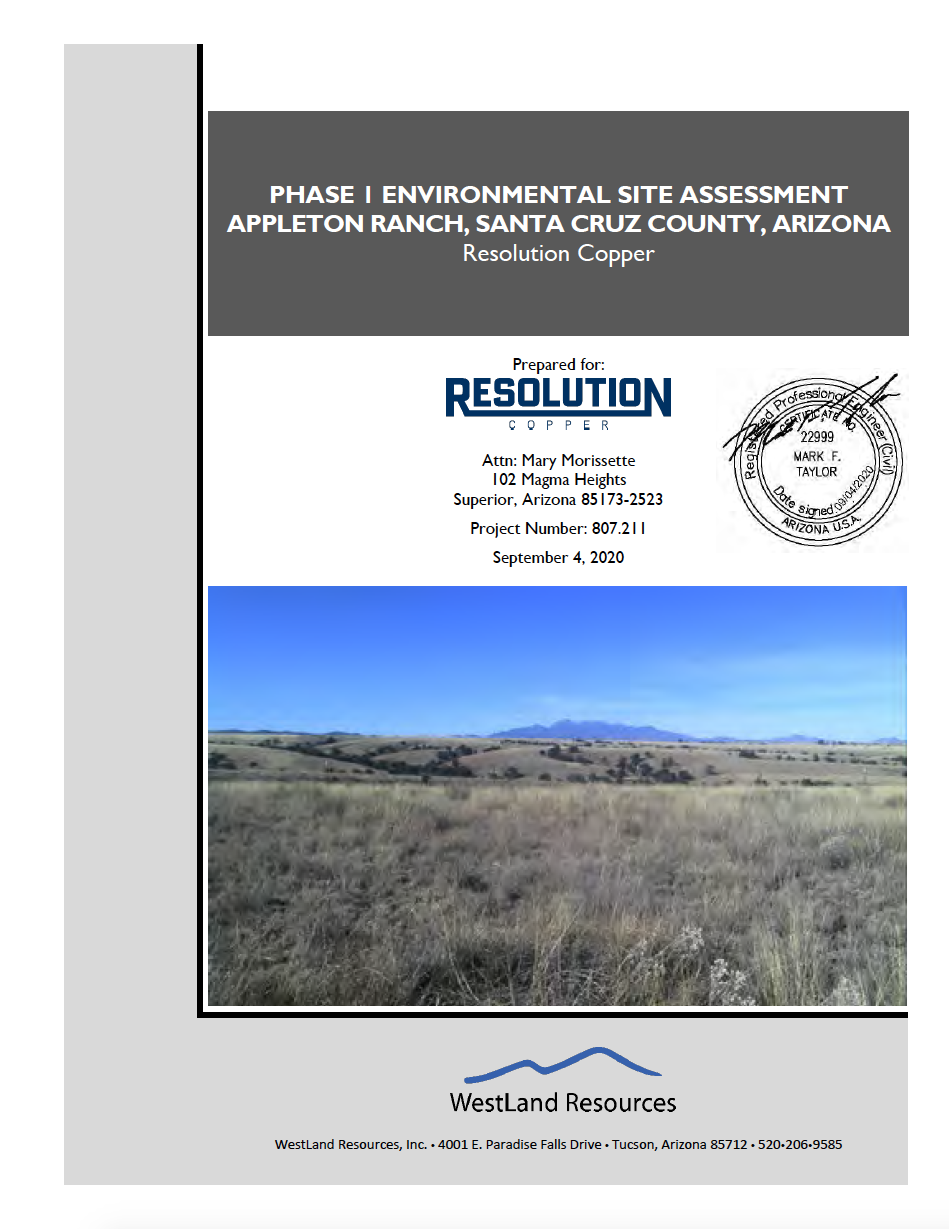 Thumbnail image of document cover: Phase I Environmental Site Assessment, Appleton Ranch, Santa Cruz County, Arizona